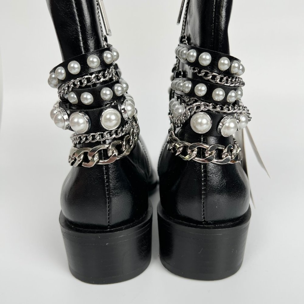 New Zara Short Heel Ankle Boots Pearl Beads Chains Leather Booties Combat Riding - Picture 10 of 14